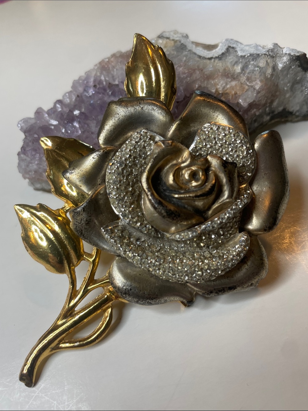 Vintage Two Tone Silver & Gold Pave Rhinestones Rose Brooch